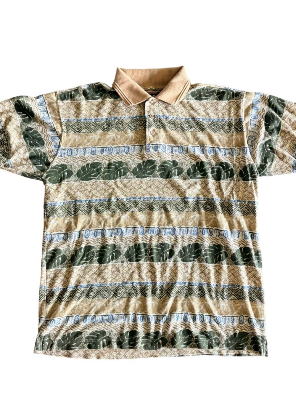 90s Vintage Monstera Leaf Mixed Print Collared Polo Shirt - Mens L